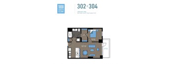 A floor plan for an apartment at 1000 South Clark shows a living room, dining room, kitchen, and two bedrooms.