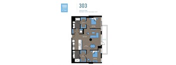 Floor plan of apartment number 303 at 1000 South Clark showing two bedrooms, two bathrooms, and total indoor and outdoor space.