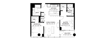 A floor plan of a house with a kitchen, living room, dining room, and two bedrooms.