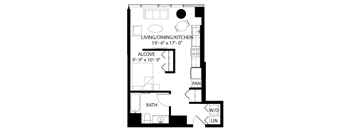 A floor plan of a house with a living/dining/kitchen area, alcove, bath, and pan.