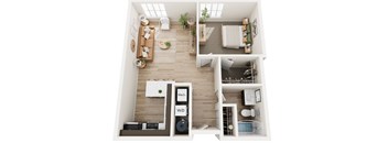 A modern apartment layout with a living room, kitchen, and bathroom.