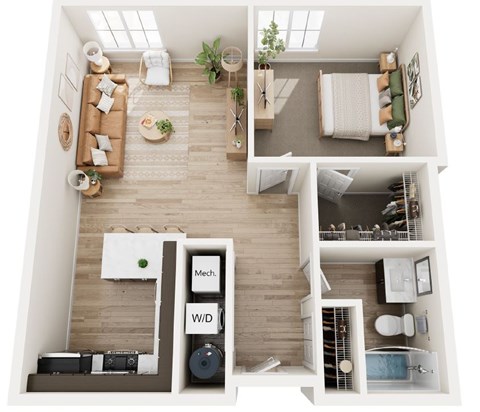 A modern apartment layout with a living room, kitchen, and bathroom.