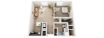 A top down view of a small apartment with a living room, kitchen, and bathroom.