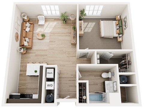 A top down view of a small apartment with a living room, kitchen, and bathroom.