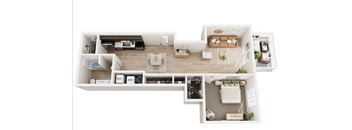 A top-down view of a modern apartment layout.