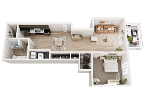 A top-down view of a modern apartment layout.