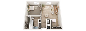 A top-down view of a modern apartment with a kitchen, living room, and bedroom.