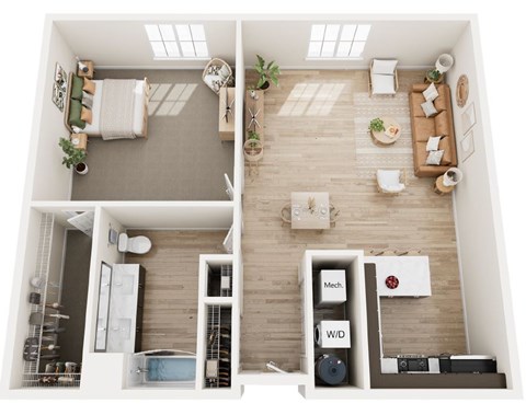 A top-down view of a modern apartment with a kitchen, living room, and bedroom.