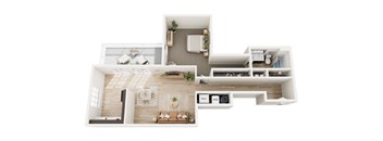A top-down view of a modern apartment layout with a living room, kitchen, and bathroom.