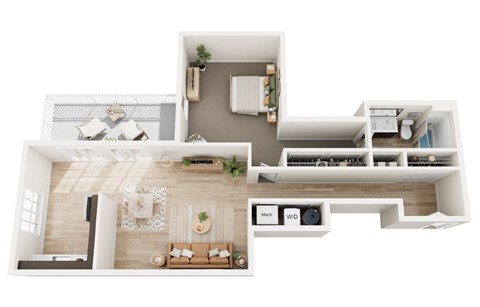 A top-down view of a modern apartment layout with a living room, kitchen, and bathroom.