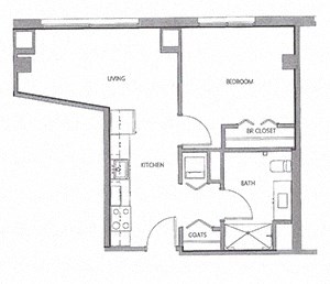 1 bed 1 bath 490 Sq. Ft. floor plan 1K at Lakeview 3200 Apartments, Chicago
