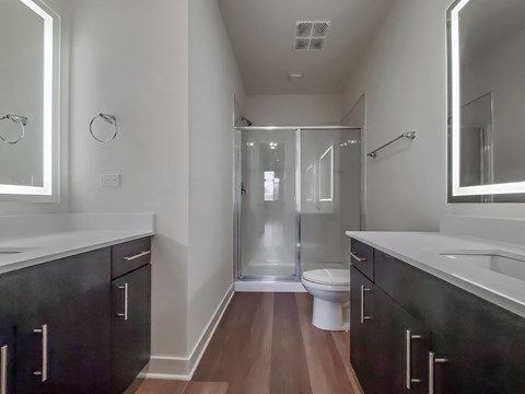 A modern bathroom with a walk-in shower and a toilet.