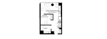 A floor plan of a living and dining kitchen with an alcove and a bath.