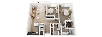 A top-down view of a small apartment with a kitchen, living room, and bathroom.