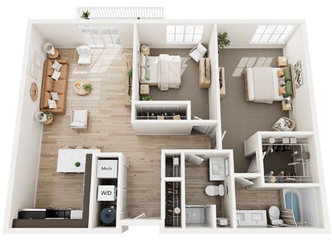 A top-down view of a small apartment with a kitchen, living room, and bathroom.