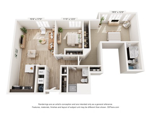 a 3d floor plan of a 2100 sq ft apartment