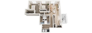 A top-down view of a modern apartment layout.