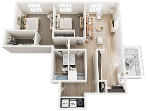 A top-down view of a modern apartment layout.
