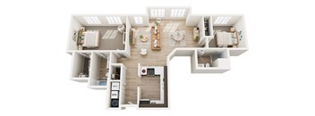 A top-down view of a modern apartment layout with a kitchen, living room, and two bedrooms.