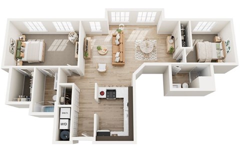 A top-down view of a modern apartment layout with a kitchen, living room, and two bedrooms.