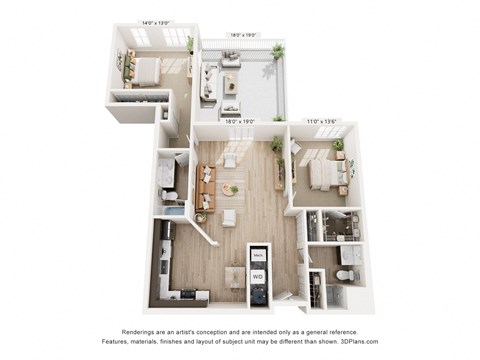a stylized floor plan of a 1 bedroom apartment