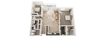 A top-down view of a modern apartment layout with a living room, kitchen, and bathroom.