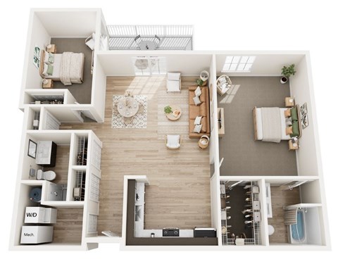 A top-down view of a modern apartment layout with a living room, kitchen, and bathroom.