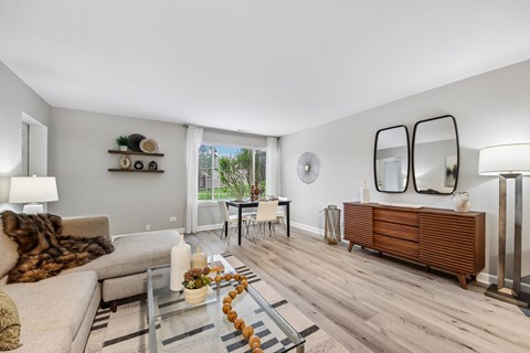 A modern living room with a glass coffee table and a grey sofa.