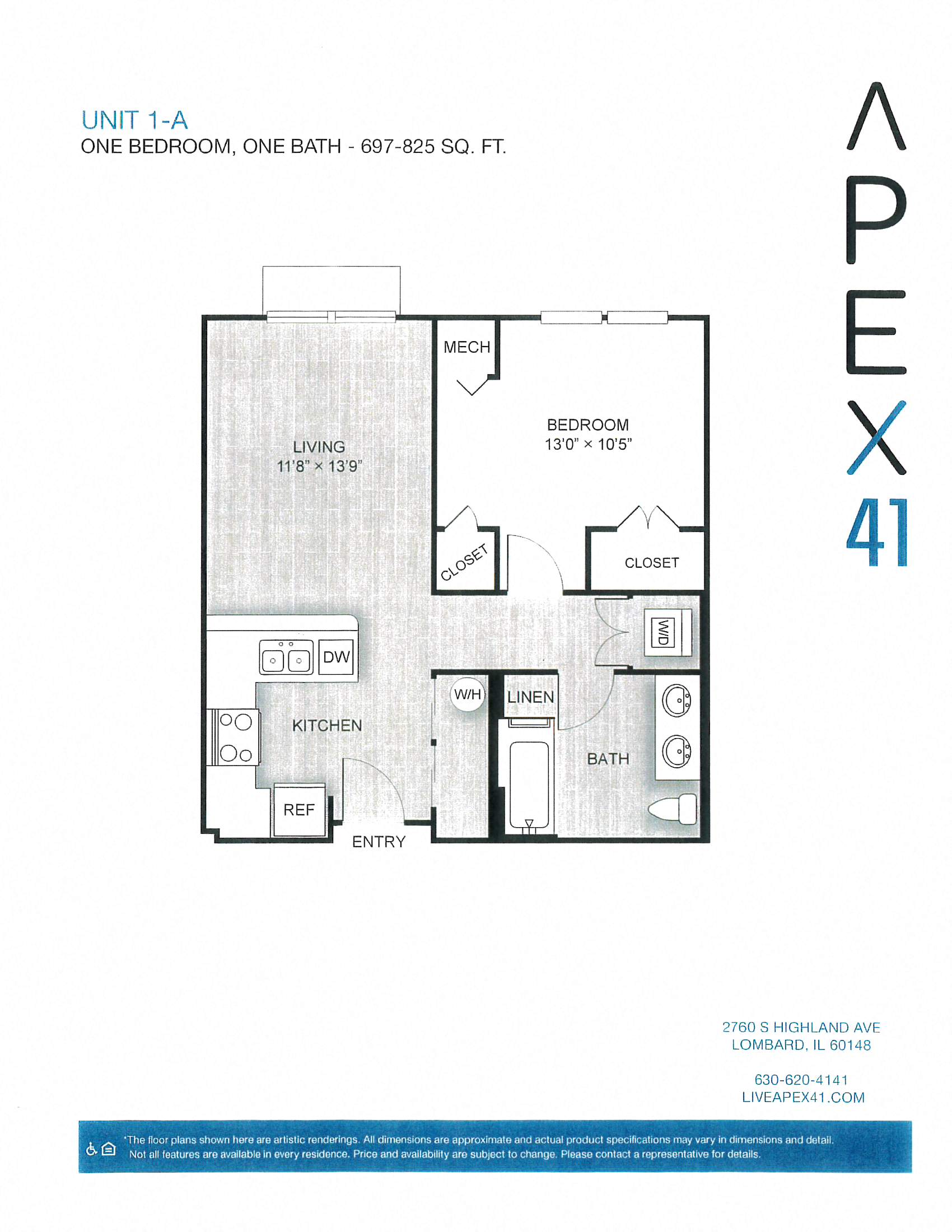 1 bed 1 bath 825 Sq. Ft. | A18  floor plan  at Apex 41, Illinois