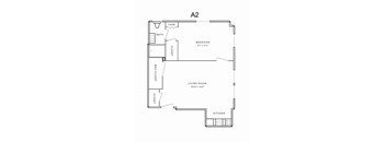 A drawing of a floor plan of a room with a kitchen, living room, bedroom and bathroom.