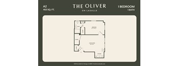 A floor plan for a 1 bedroom, 1 bathroom apartment at The Oliver on Lasalle.