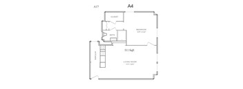 A drawing of a floor plan of a one bedroom apartment.