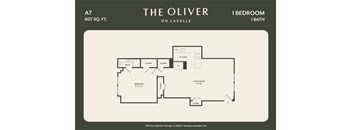 A floor plan for a 607 square foot apartment on Lasalle.