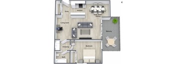 A floor plan of a house with a living room, dining room, kitchen, balcony, and bathroom.