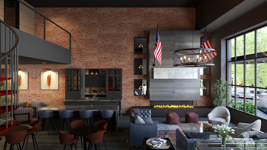 a rendering of a living room with a fireplace and an flag