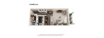 A rendering of a Camellia apartment with a kitchen, living room, and bedroom.