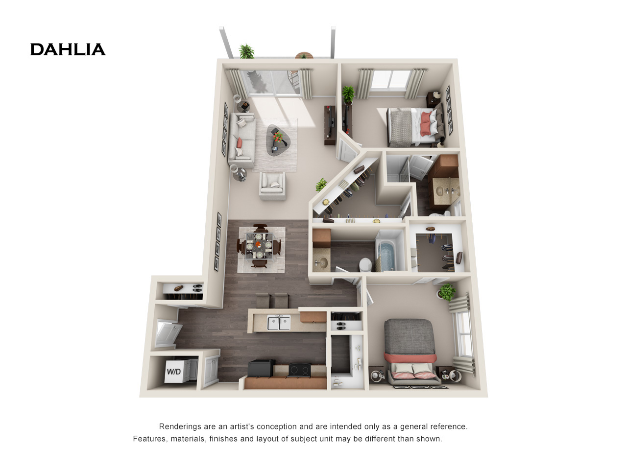 A floor plan of a small apartment with a living room, kitchen, and bedroom.