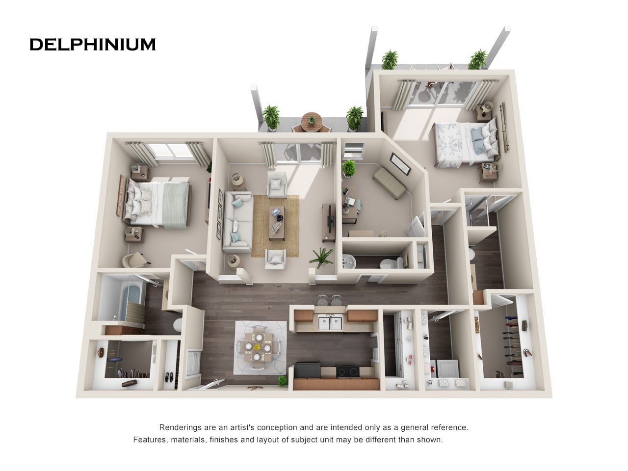 A 3D rendered image of a Delphinium apartment layout.