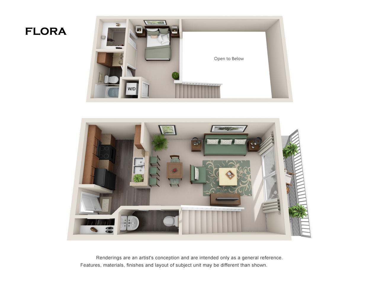 A floor plan of a one-bedroom apartment with a kitchen and living room.