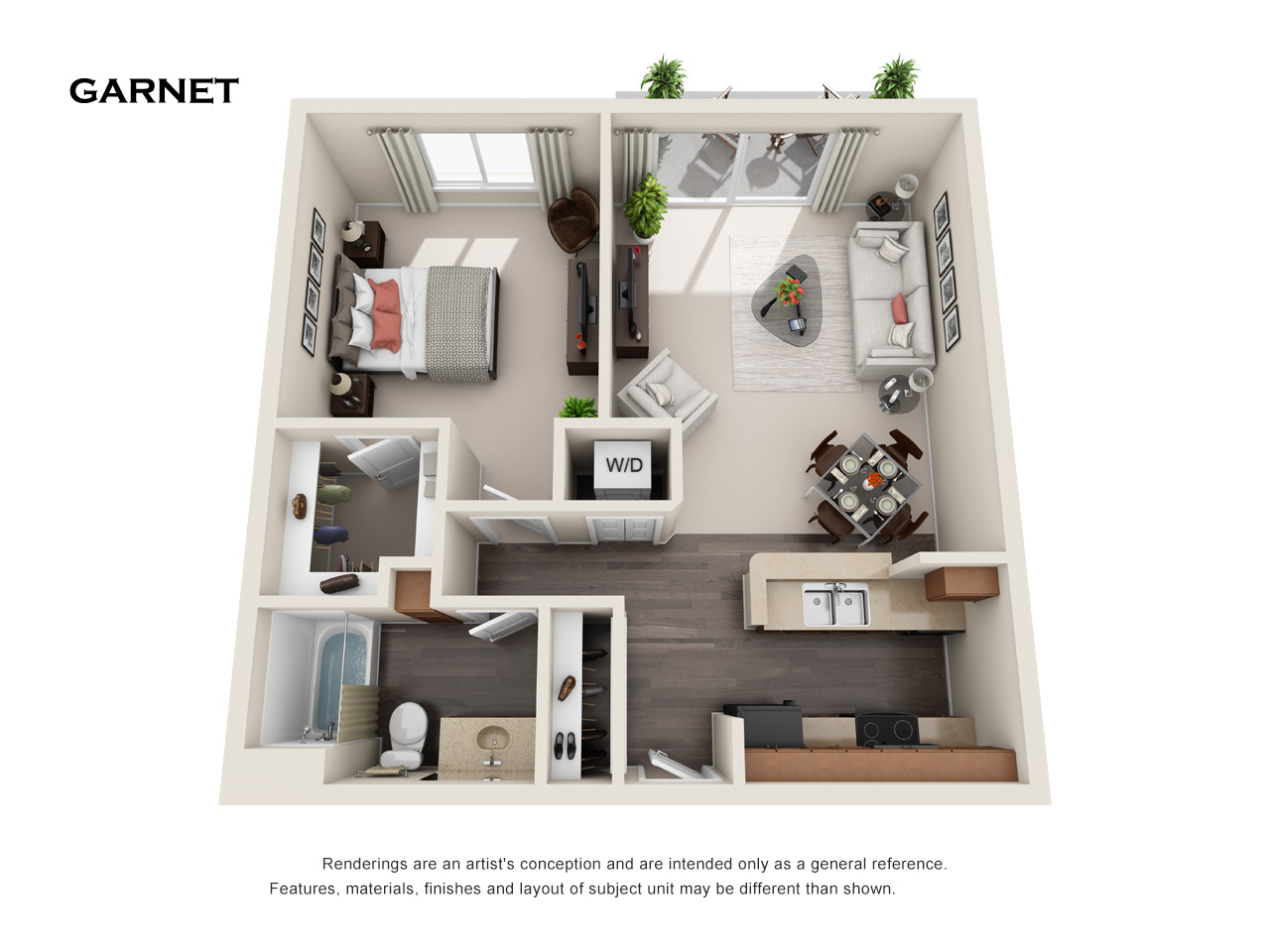 Garnet is a 3D rendered image of a small apartment layout.