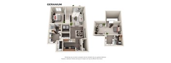 A geranium floor plan shows two bedrooms, a living area, a kitchen, and a bathroom.