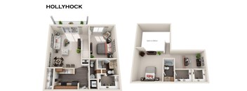 A white image of a dollhouse with the word HOLLYHOCK at the top.