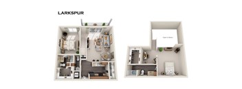 A diagram of a small apartment layout with two bedrooms and a living area.