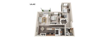 A 3D floor plan of a house layout with the word "LILAC" at the top.
