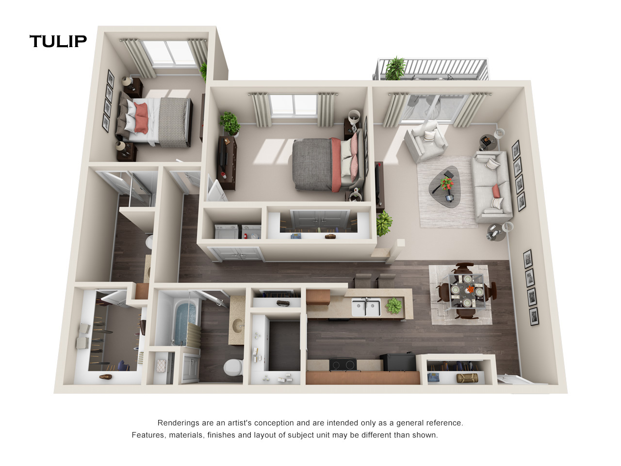 A 3D rendered image of a TULIP apartment layout.