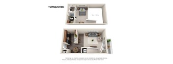 A floor plan of a TURQUOISE apartment with two bedrooms, a living room, a kitchen, and a bathroom.