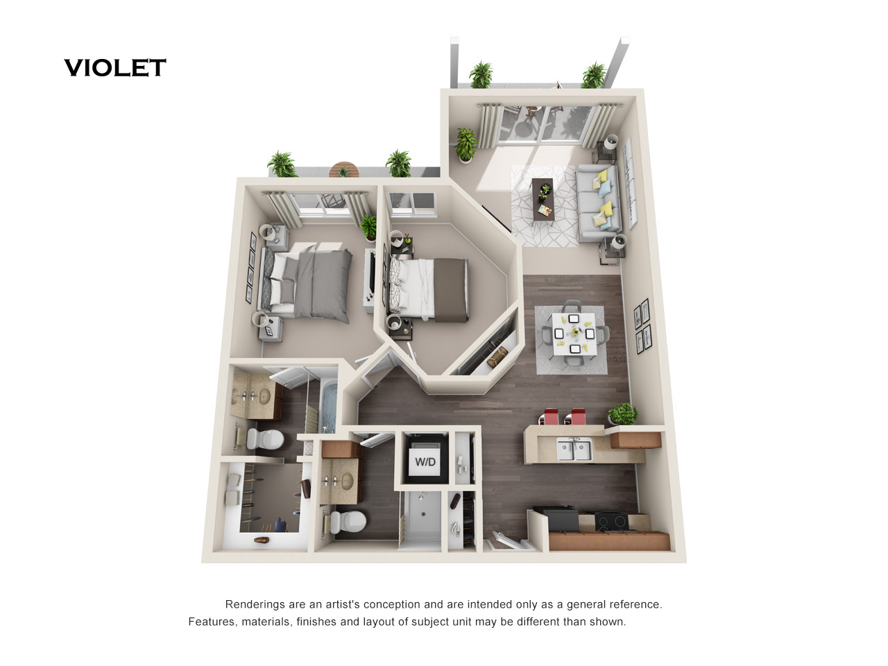A floor plan of a Violet apartment with a living room, kitchen, and two bedrooms.
