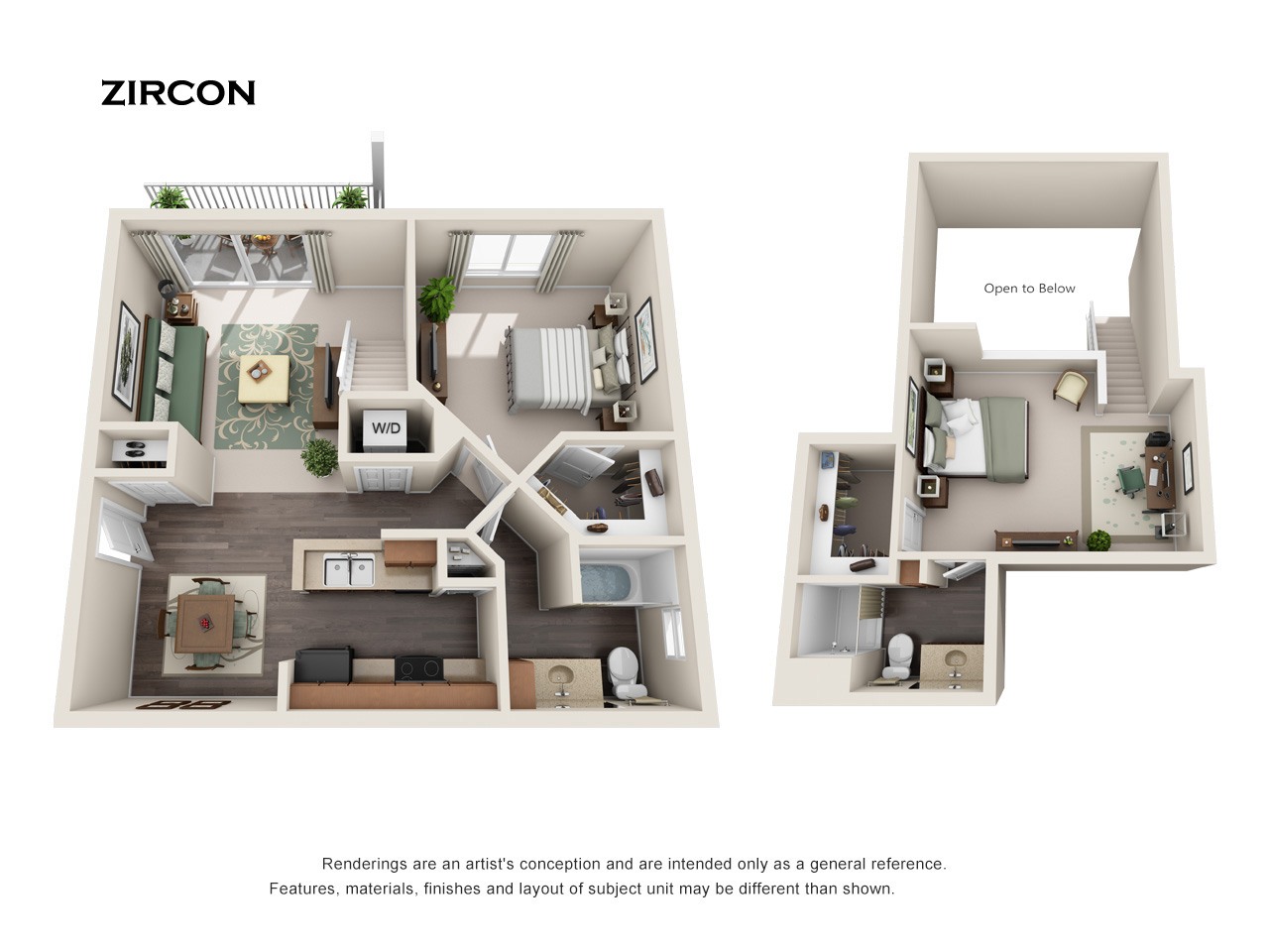 A diagram shows two different layouts for a Zircon apartment.