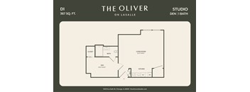 A floor plan for a 367 square foot studio on Lasalle showing a living room, den, kitchen, and bath.