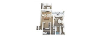 A top-down view of a modern apartment layout.